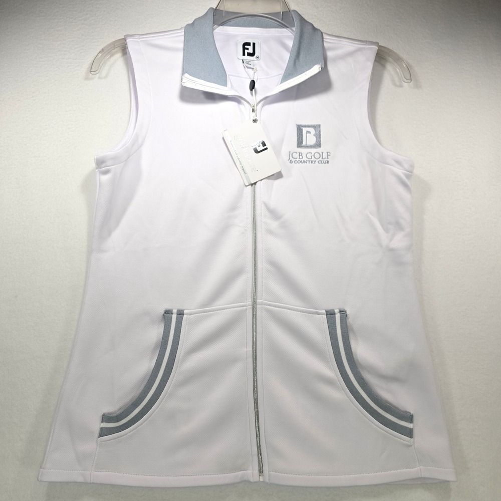 FootJoy Womens Texture Knit Full Zip Golf Vest White Heather Grey MED JCB Logo